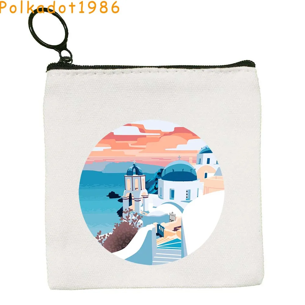 Love Santorini Greece Paradise KOS Island Greek EVIL EYE Mandala Hamsa Key Coin Purse Canvas Bags Cotton Pouch Cute Wallet Gifts