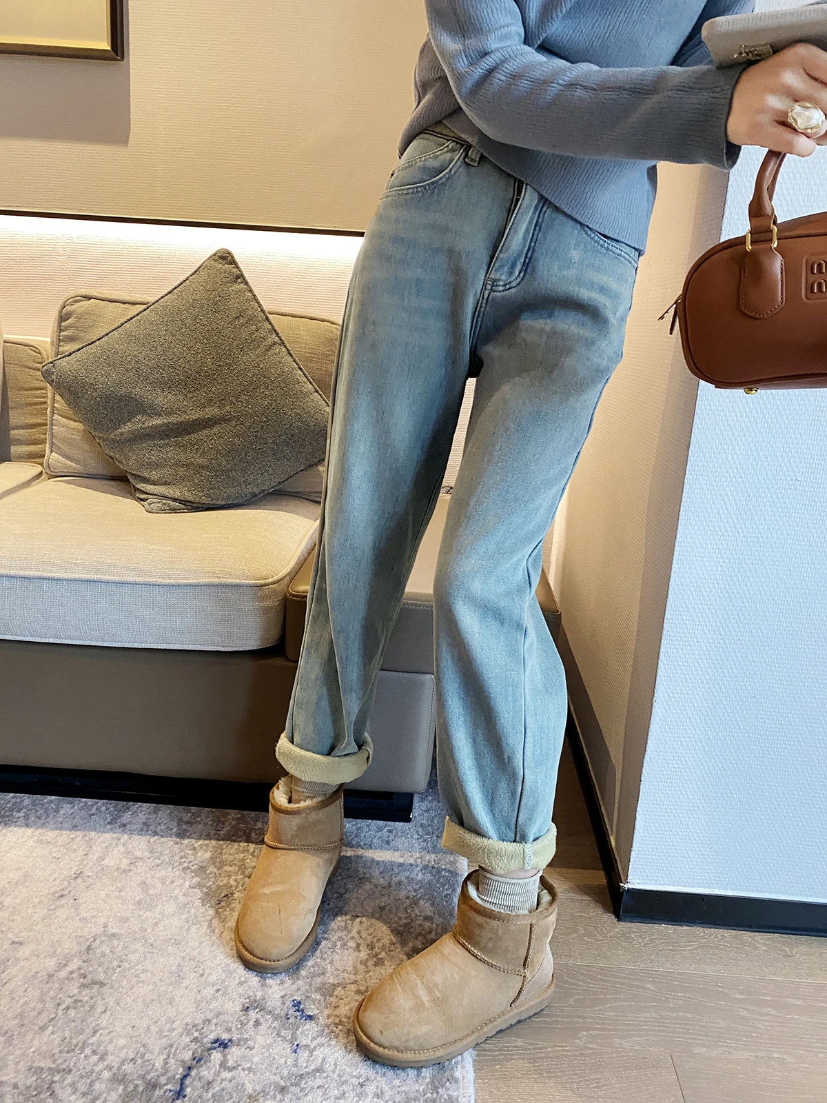 

Slimming High Waist Fce Lined Thi Denim Jeans Women's Winter New Sle Long Pants Harlan Pants Nine Points Jeans