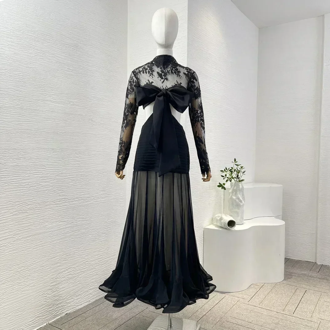 2024 New Hot Black Lace Long Bow Long Sleeve See Through Cut Out Waist Pleat Maxi Women’s Dress