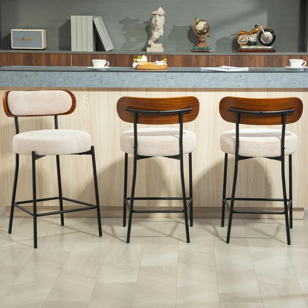 

24'' Bar Stools Set of 3, Modern Counter Height Bar Stools with Wood Back for Kitchen Island, Beige Upholstered Fabric Metal Bar