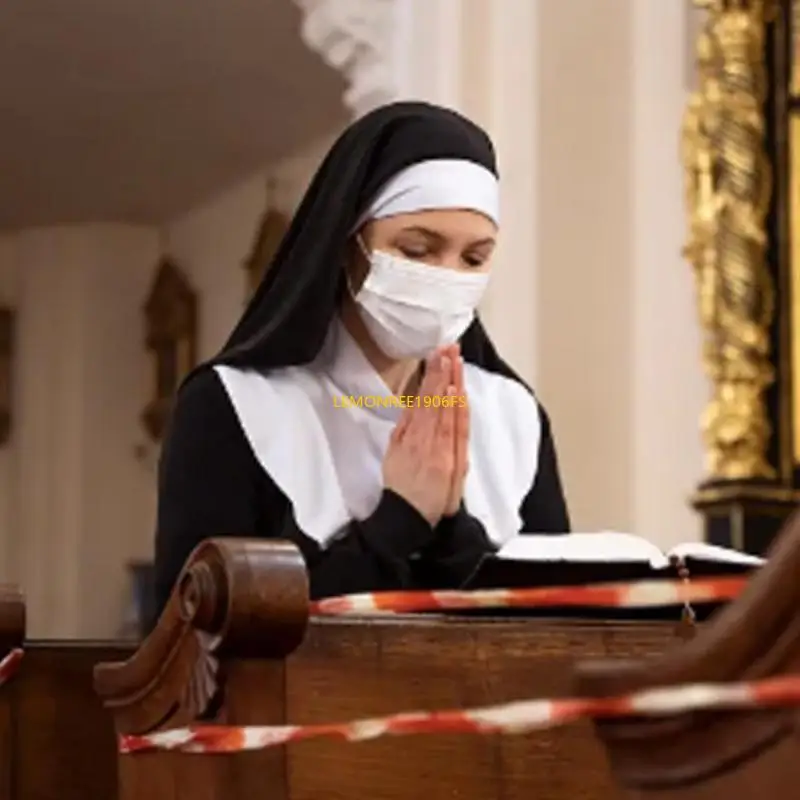 P9jf feminino role play freira roupa com headpiece cruzamento pingente colar meia halloween freira trajes acessórios