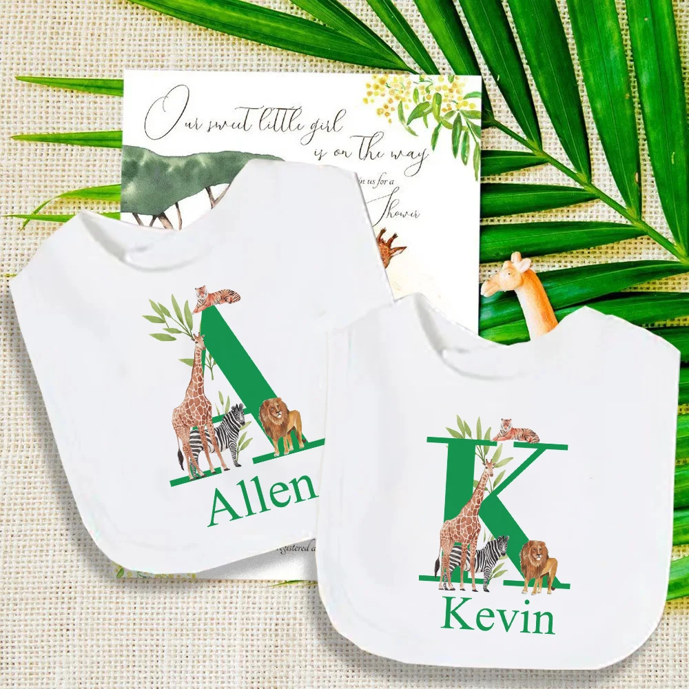 Personalized Baby Bib Safari Animals Printed Bibs Letter with Name Newborn Wild One Gifts Infant Saliva Towel Baby Shower Gift