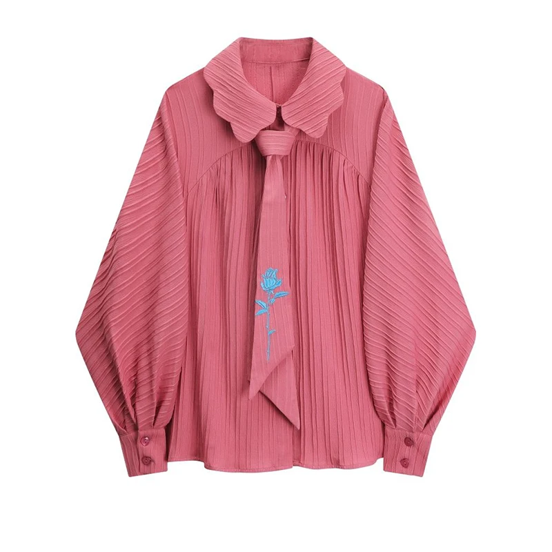 2023 early spring new women's pleated chiffon shirt Korean loose fitting long sleeved V-neck ribbon lantern sleeve doll shirt