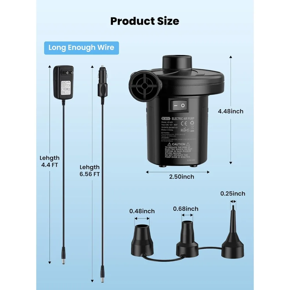 مضخة مرتبة هوائية، مضخة هواء كهربائية محمولة تعمل بثلاث طرق مع 3 فوهات تيار متردد 110 فولت، تيار مستمر 12 فولت، منفاخ سريع التعبئة يعمل بالبطارية