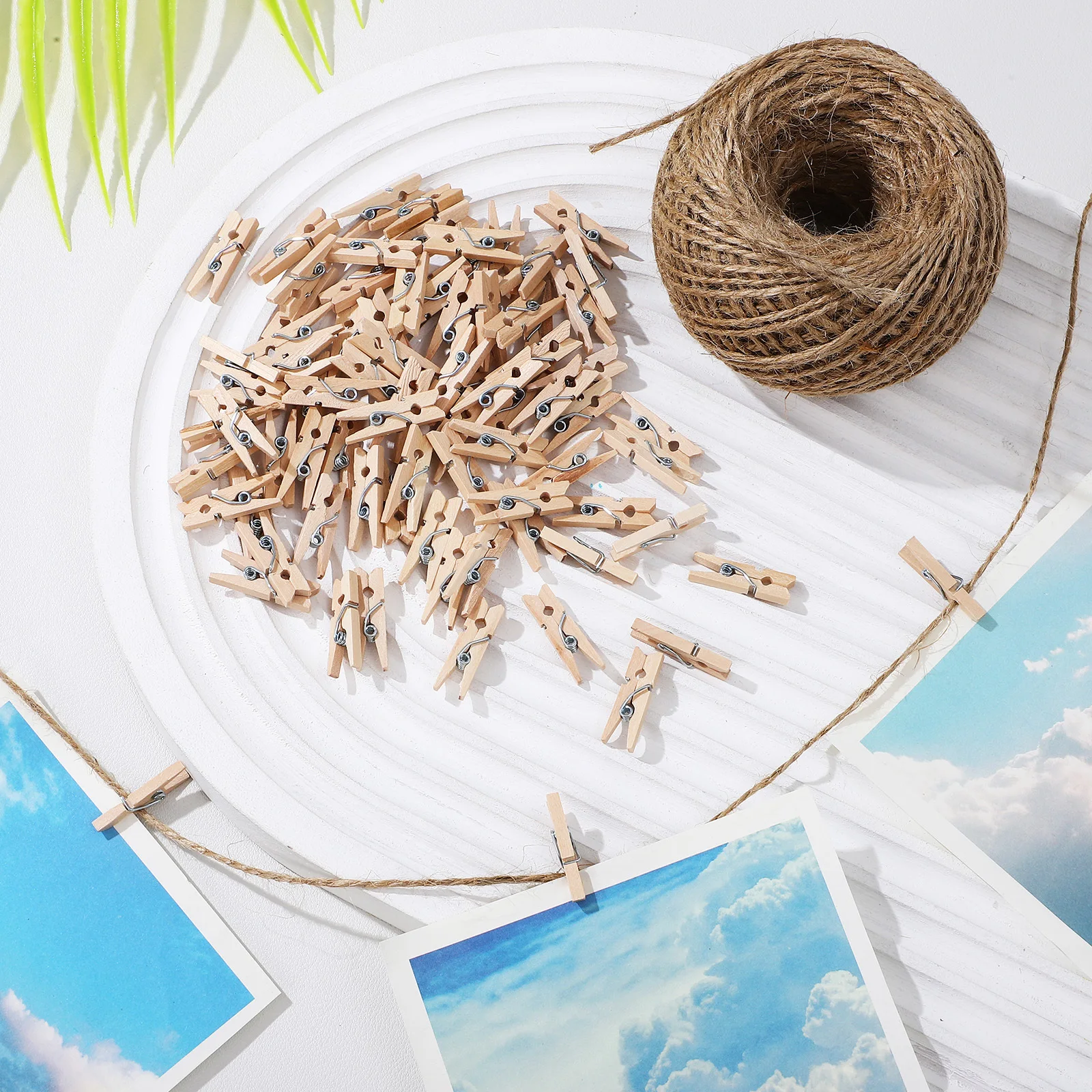 

150Pcs Jute Twine with Wooden Clips Natural Hemp Rope for DIY Crafts Gift Wrapping Garden Twine Strings Jute Rope