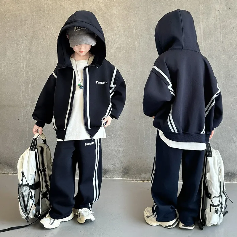 SpringAutumn Boys Navy Striped Zip Sweatshirt Jacket+Sweatpant Work Set School Kids 2PCS Tracksuit Children Jogger Outfit