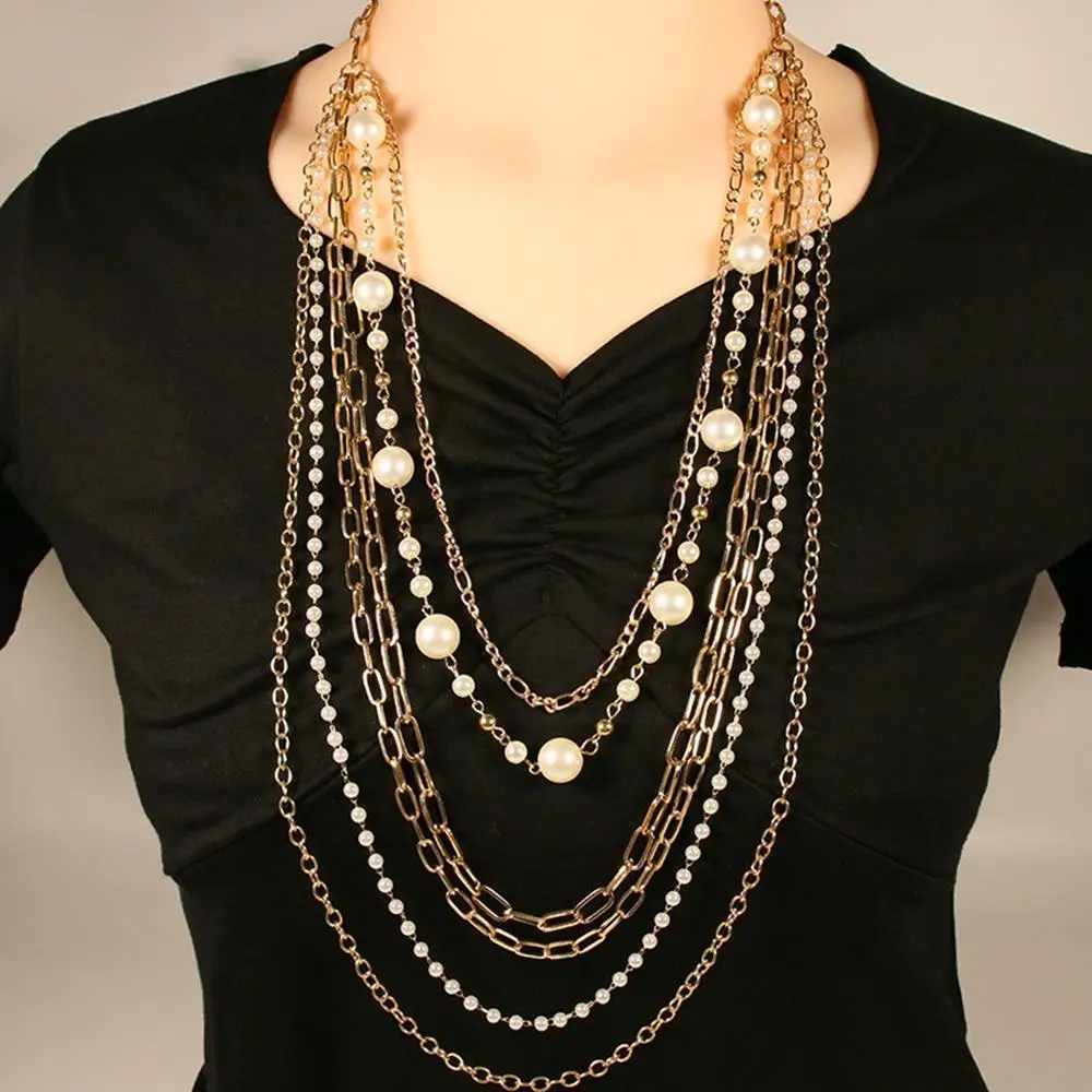 

Длинное жемчужное ожерелье с бусинами, холодные тона, трансграничные украшения, металлическая цепочка на ключицу в стиле «Spicy Girl», персонализированный аксессуар