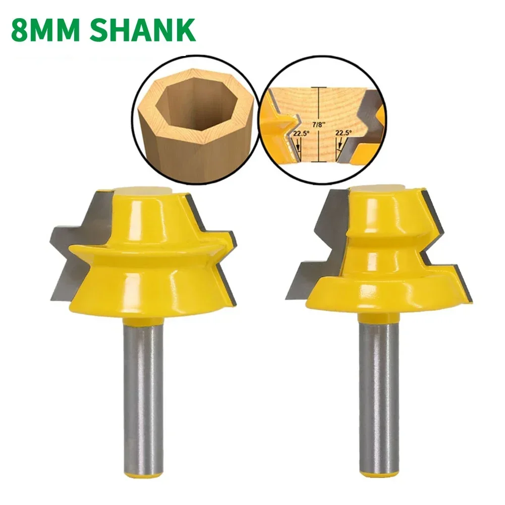 2PCS/Set 8MM Shank Milling Cutter Wood Carving Lock Miter Router - 22.5 Degree Glue Joinery Router Bit Set Tenon Cutter Woodwork