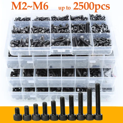 Perno de cabeza hueca hexagonal con kit de arandela de tuerca M2 M3 M4 M5 M6 12,9 grado máquina Allen de acero al carbono tornillo Hexagonal roscado negro