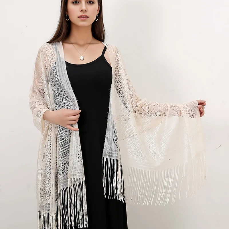 Fashion Hollow Out Polyester Tassel Shawls Newest Woman Sequin Long Towel Beach Long Sunscreen Nackerchief