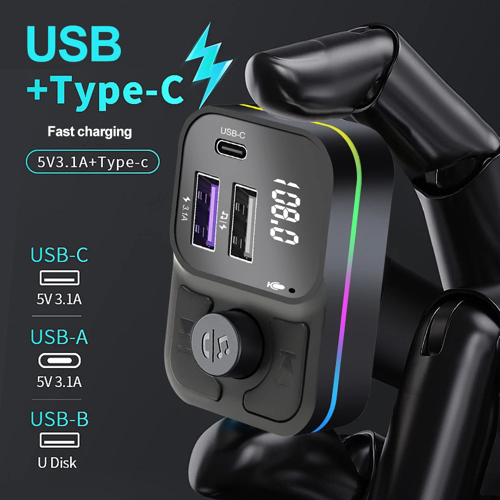 Bluetooth 5.3 FM Transmitter For Car FM/AUX Bluetooth Car Adapter Car Charger Dual USB Type C 3 Ports Charger Bluetooth Adapter