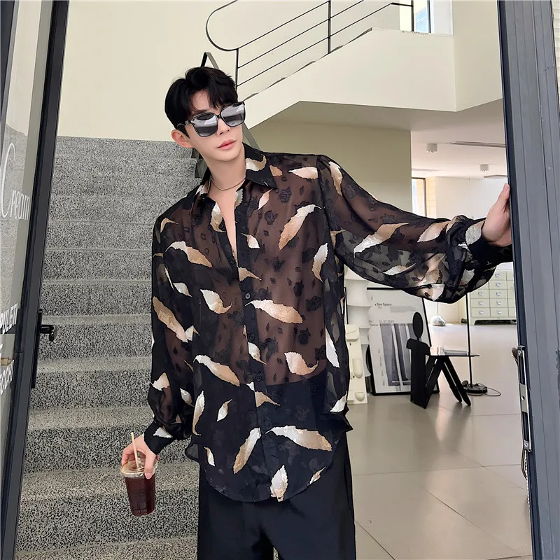 

Men Sexy Feather Hollowed Out Shirt Men's Lapel Long Sleeved Transparent Clothing Streetwear Casual Loose Trendy Design Tops