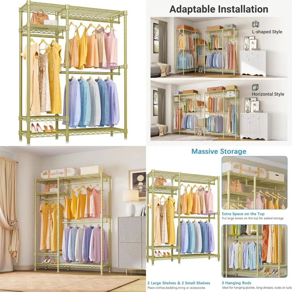 Estantería de alambre de 4 niveles resistente para ropa con 3 varillas para colgar, organizador de armario de metal independiente compacto para una almacenamiento eficiente