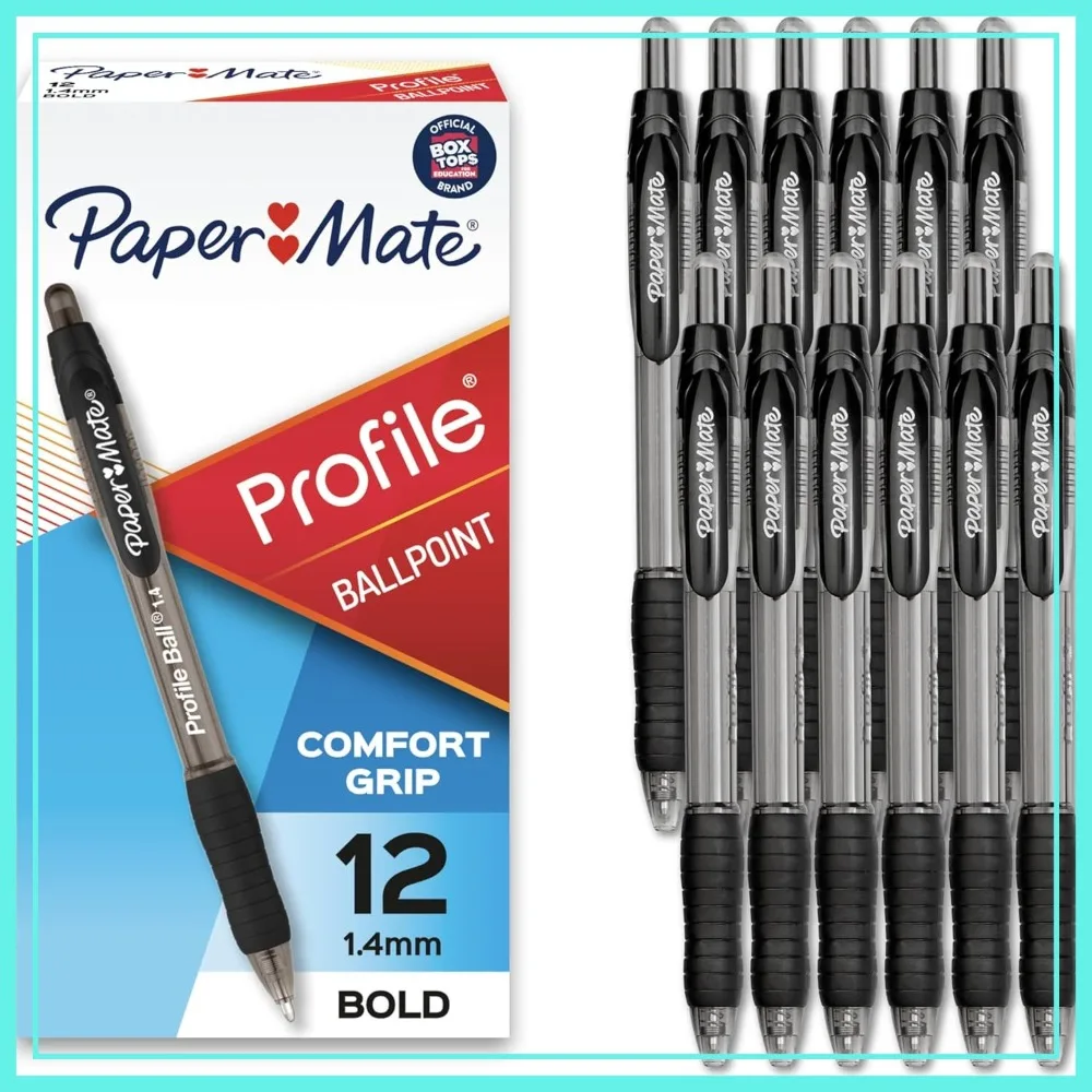 

Bold Point Retractable Ballpoint Pens, 1.4mm Black Ink, 12 Pack - Smooth Writing, Office & Journaling