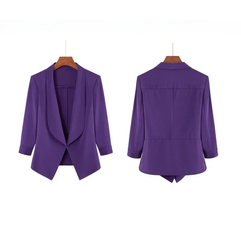 Casacos femininos sem botões roxo casual blazer 3/4 mangas terno colarinho capa casaco