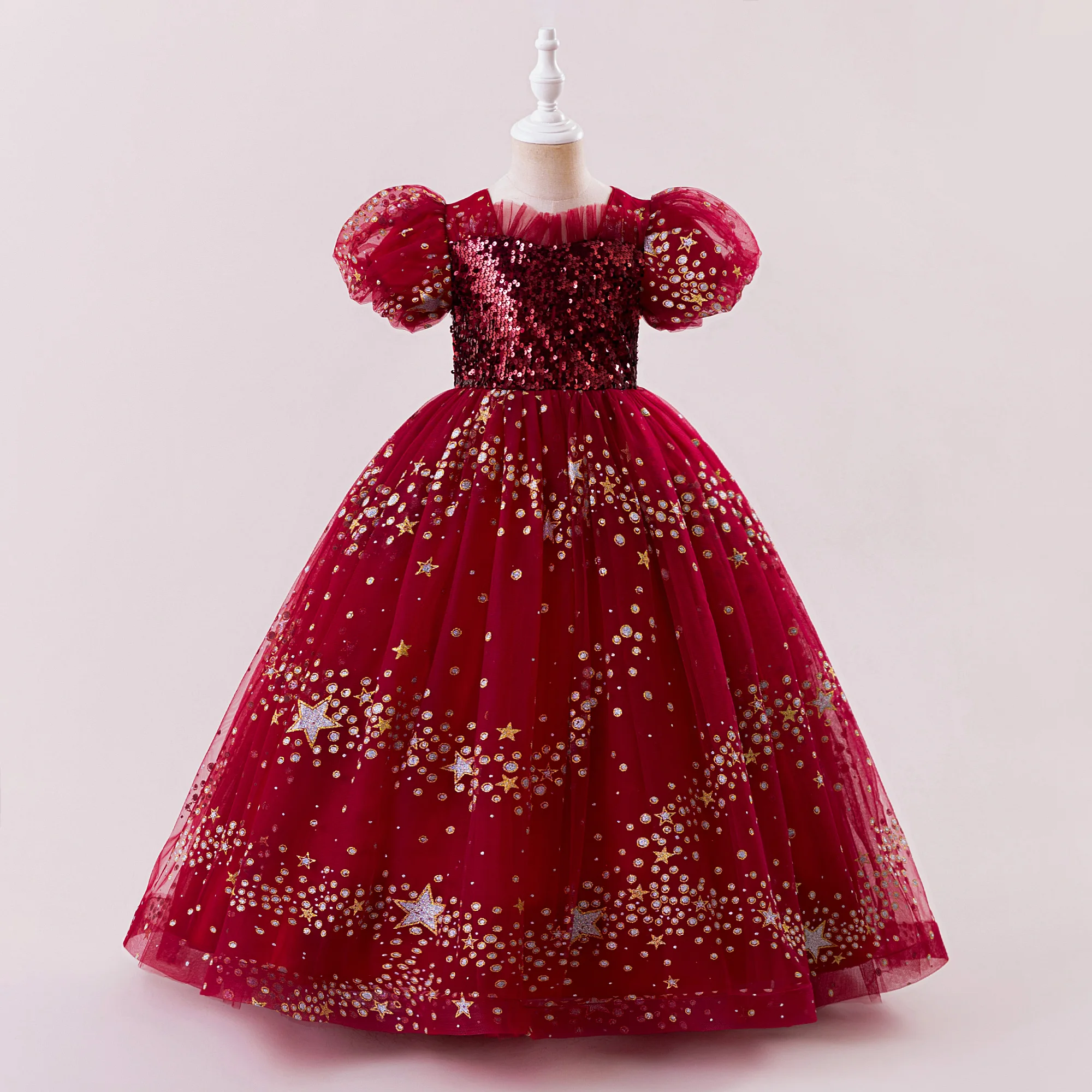 Vestidos de fiesta de Navidad con lentejuelas rojas para niñas, elegante vestido de princesa de tul con estrellas para boda y cumpleaños, disfraces de noche para dama de honor con lazo para niña