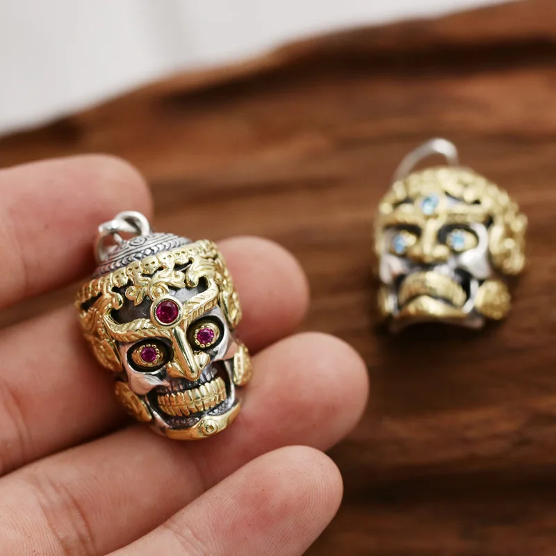 925 Sterling Silver Pendant Thai Buddha Skull Head with Bronze Inlay Antique Finish Unisex Necklace