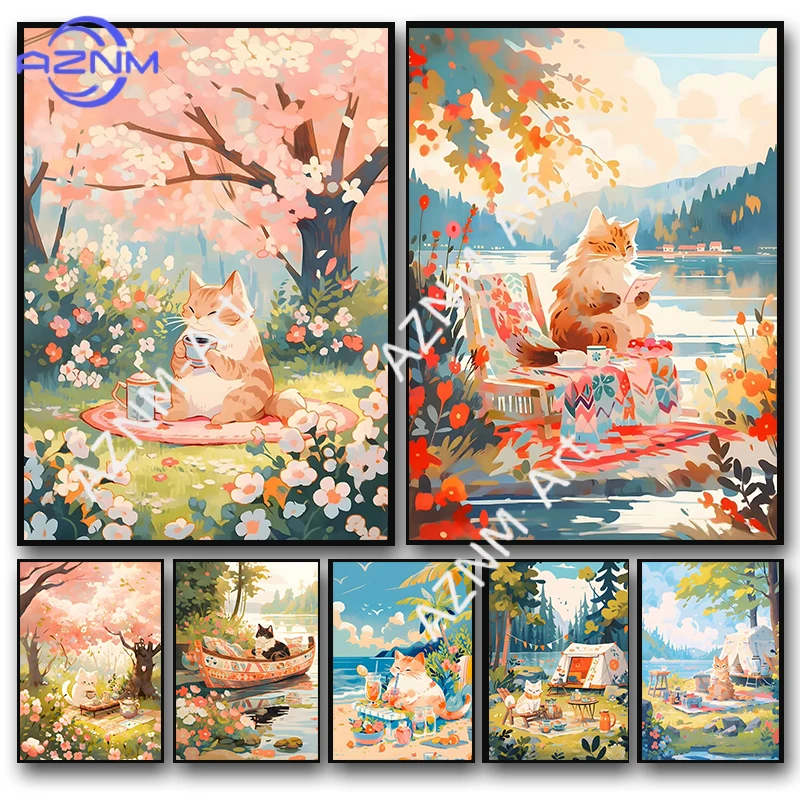 Anime-Landschafts-Poster mit Kätzchen, Frühling und Sakura, Outdoor-Camping-Motiv, Bootfahren-Druck, Leinwanddruck, Wandkunst, Kinderzimmer-Dekoration