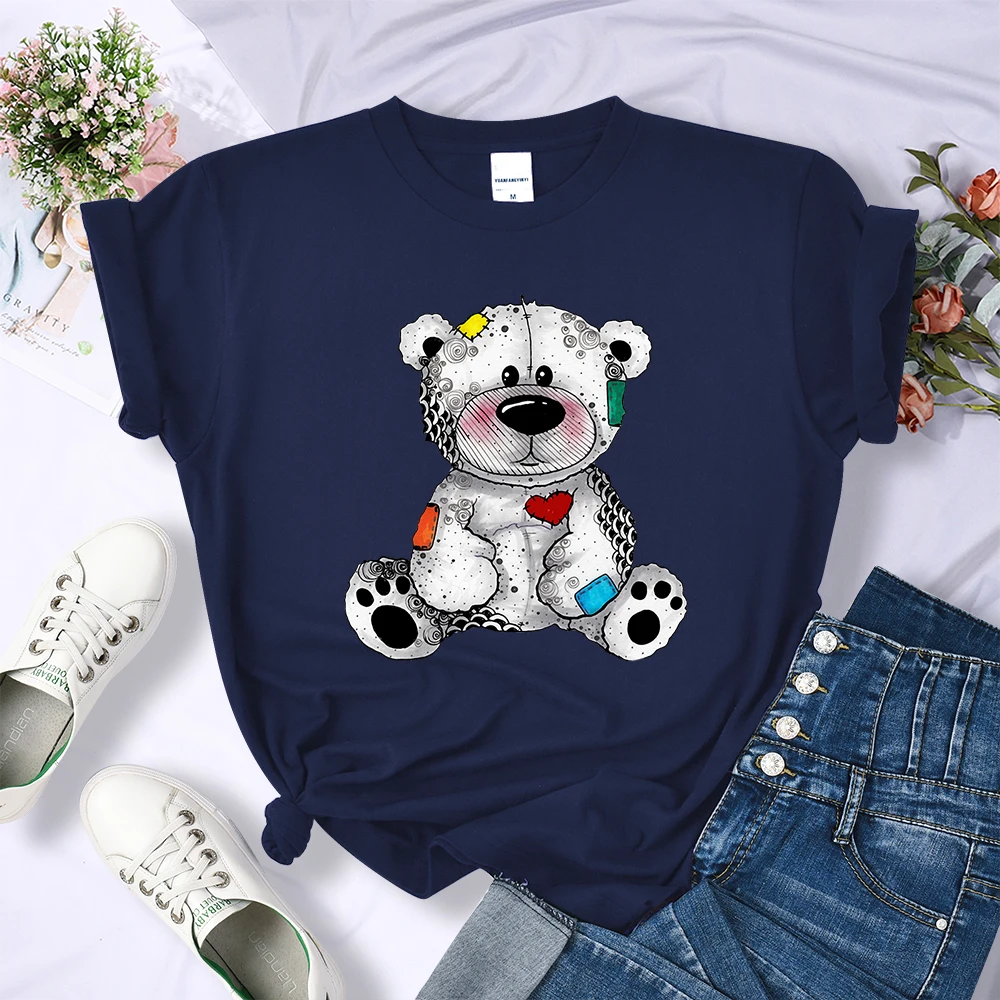 Y2K Retro Metal Teddy Bear Print Women Tshirts Casual Quality Tee Clothing Breathable Brand Tee Shirtfashion Cool Soft Crop Top