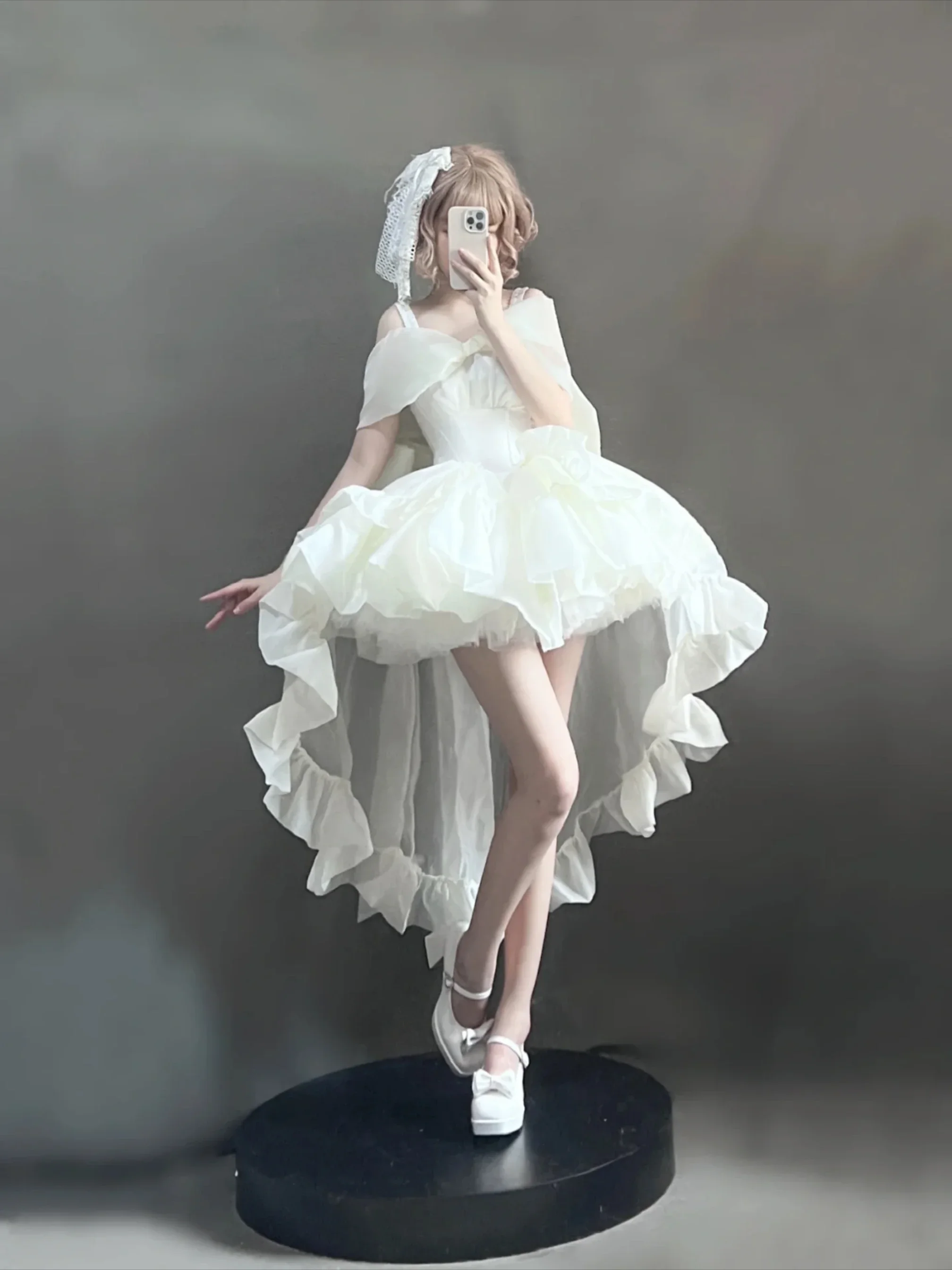 IMU Heavy Industry White Lolita Princess Dress Women's Sweet Cute Strapless Birthday Party Dress Lady Big Bow Long Trailing Dres
