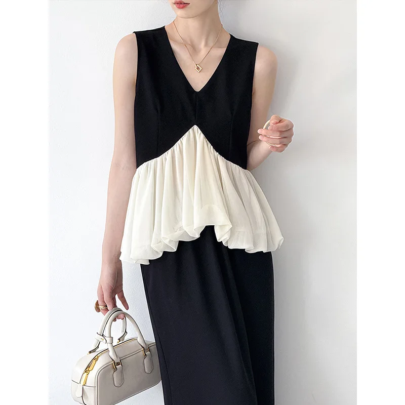 

fashion retro contrasting sleeveless vest two piece outfits for women Elegant commuting women clothing sets summer