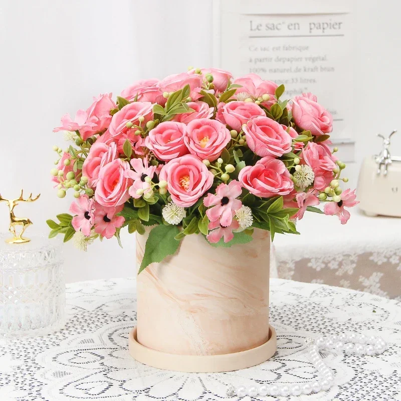 Artificial Flowers Orange Chogori Camellias Bouquet Silk Fake Flower Imitation Camellia Hydrangea Green Plant Bedroom Decoration