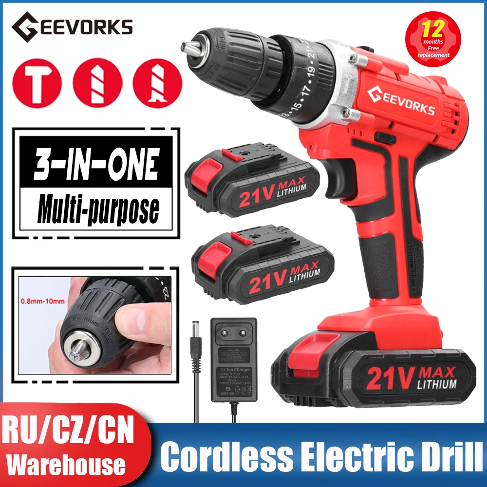 21V Cordless Impact Drill Rechargeable Battery Impact Screwdriver Stepless Speed Regulation Rotary Impact Power Household Tools