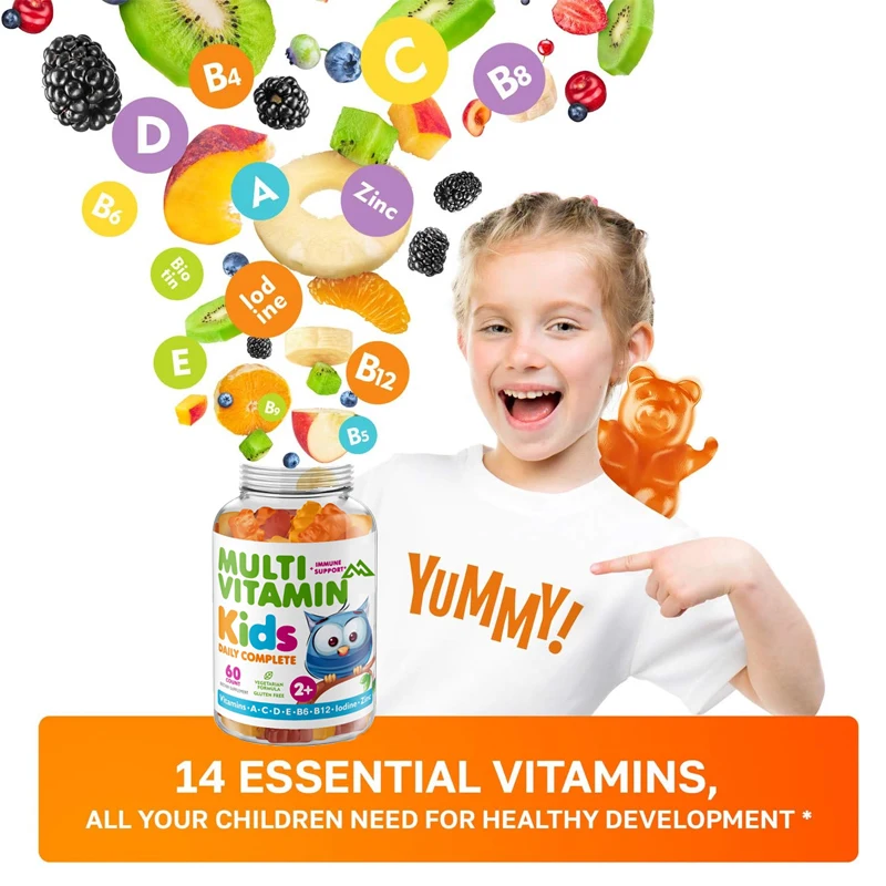 14 basic vitamins daily supplements for children\'s multivitamin gummies, including vitamins A, C, D, E, B6 and B12, and zinc