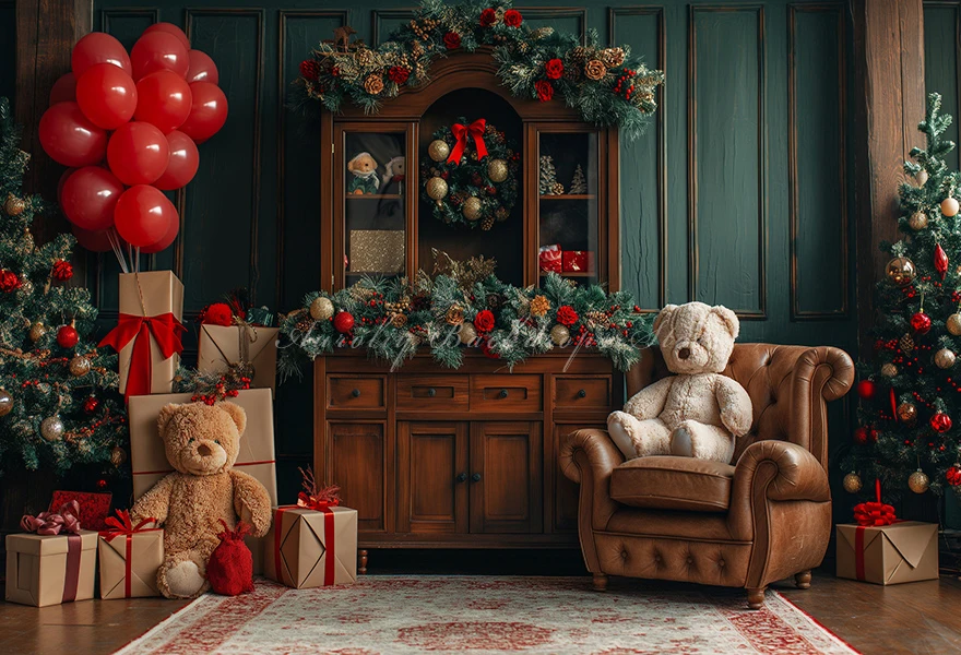 Christmas Theme Little Bear Backdrop Kids Baby Cake Smash Photography Props Fireplace Child Adult Photo Studio Backgrounds