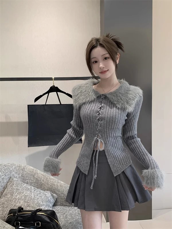 KUSAHIKI Gray Fur Turn-down Collar Drawstring Lace Up Knitwear Tops Women Autumn New Slim Sweater Korean Bottoming Tops