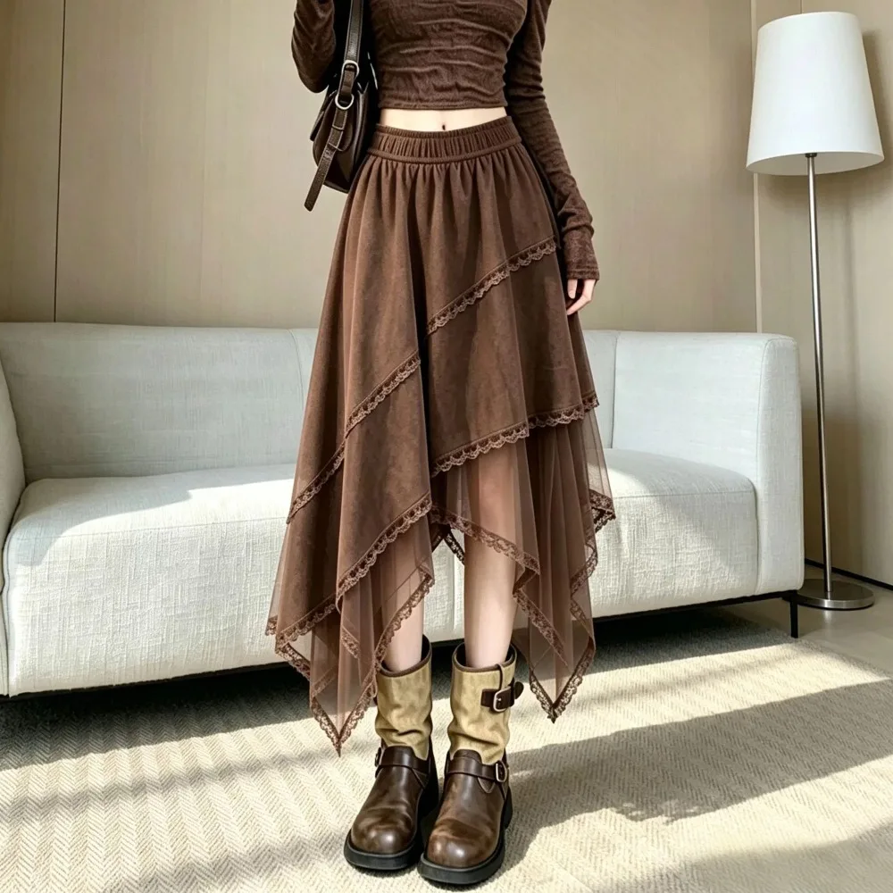 Women's Autumn Winter Irregular Mesh Splicing Skirt Vintage Brown High Waist Midi Skirts New Korean Lady Clothing 2026