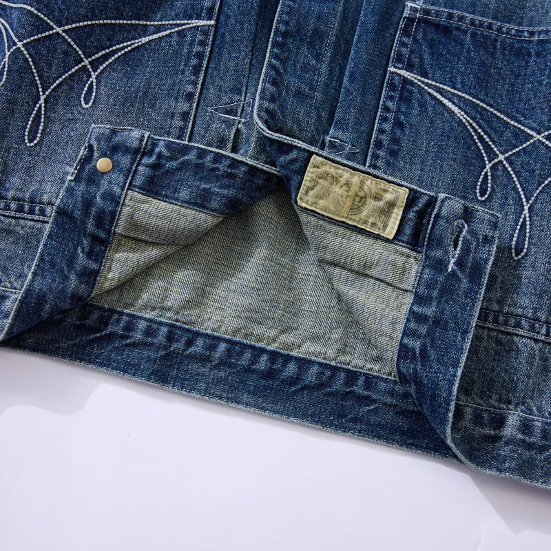Amekaji Raw Slub Denim Jacket for Men- American Vintage Casual 100% Cotton Embroidery Washed & Distressed Jean Jacket OKONKWO