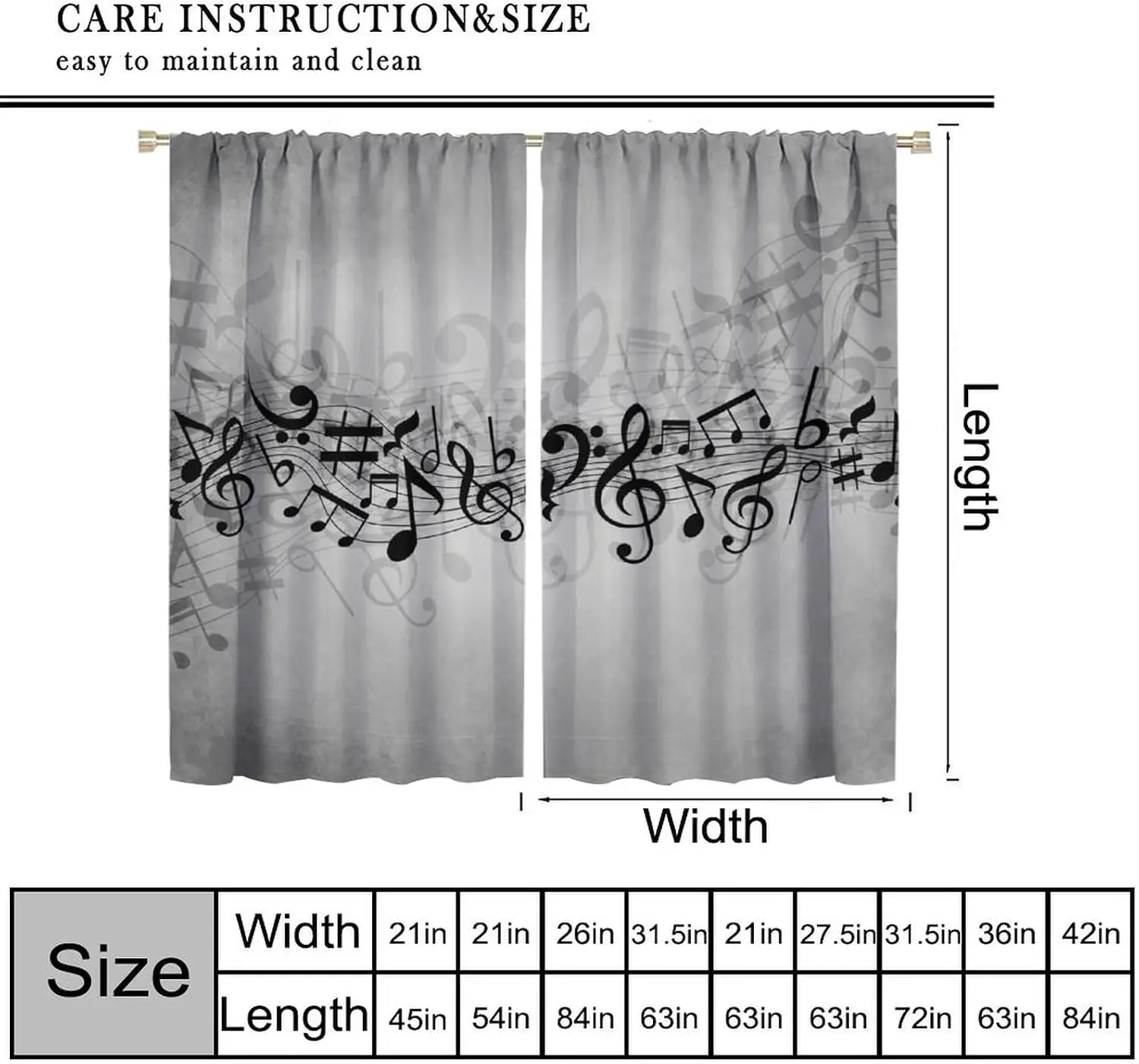 Grey Music Note Curtain 2 Panels Black Treble Clef Staff Print Soft Gray Base Musical Style Bedroom Art Home Decor Curtains