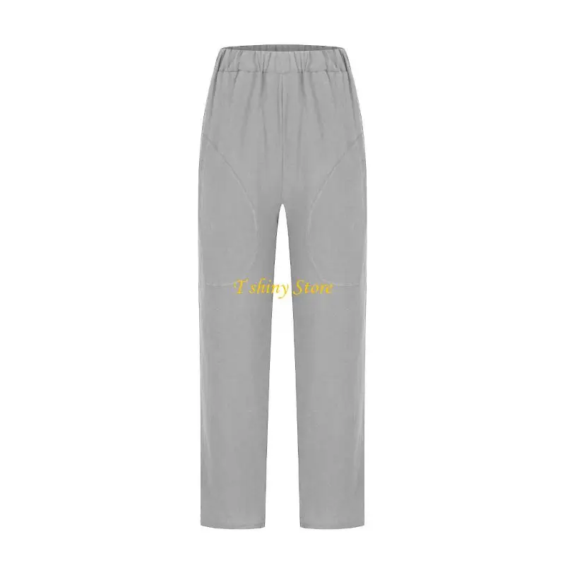 N58F Cotton Linen Pants Women Casual   Trendy Loose Fit Beach Wide Straight Leg Trousers with Side Pockets