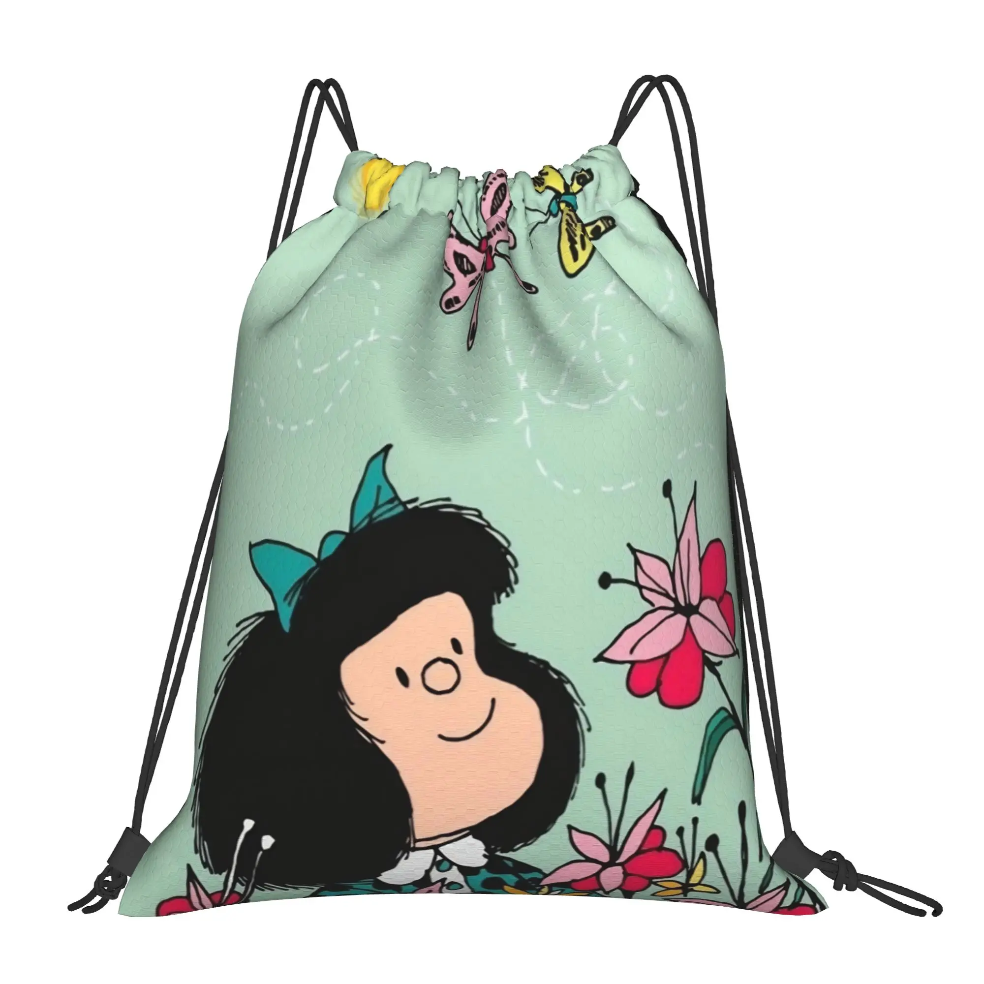 Mafaldas Cartoon Flowers Backpack Drawstring Football Bags Gym Bag Water Resistant  String Sackpack Hiking 36cm (W) x 43cm (H)