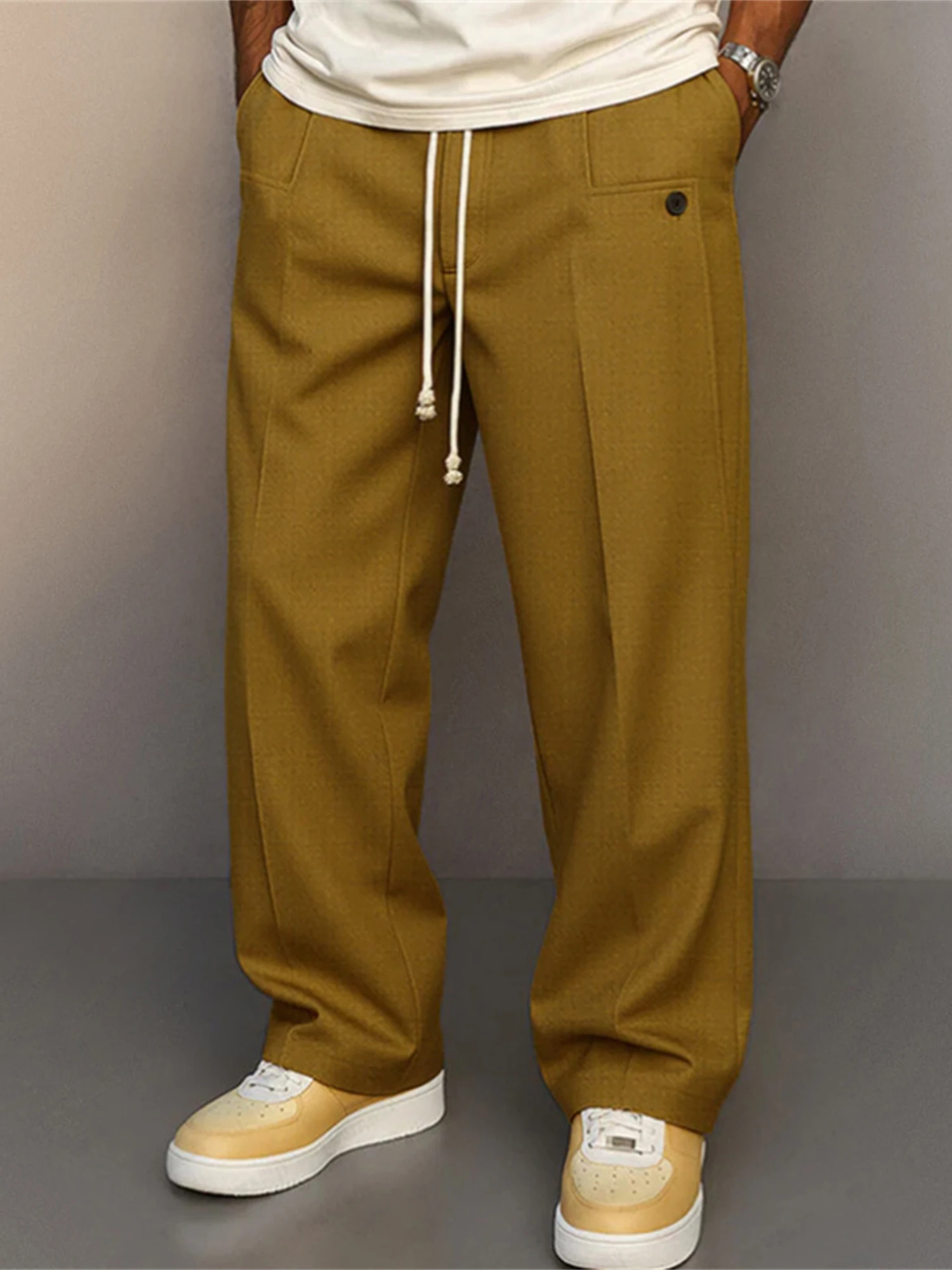 

Men s Drawstring Pants with Pockets Stylish Solid Color Casual Mid Rise Straight Leg Trousers