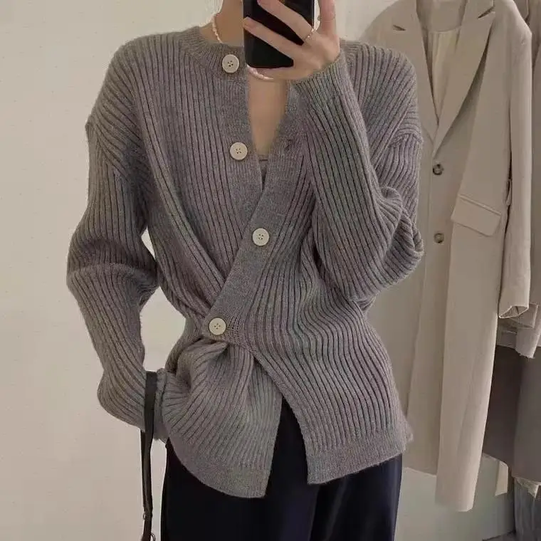Women Sweaters O Neck Long Sleeves Irregular Cardigan Jumpers Knit Single Breasted Solid Spliced Elegant Autumn Skinny