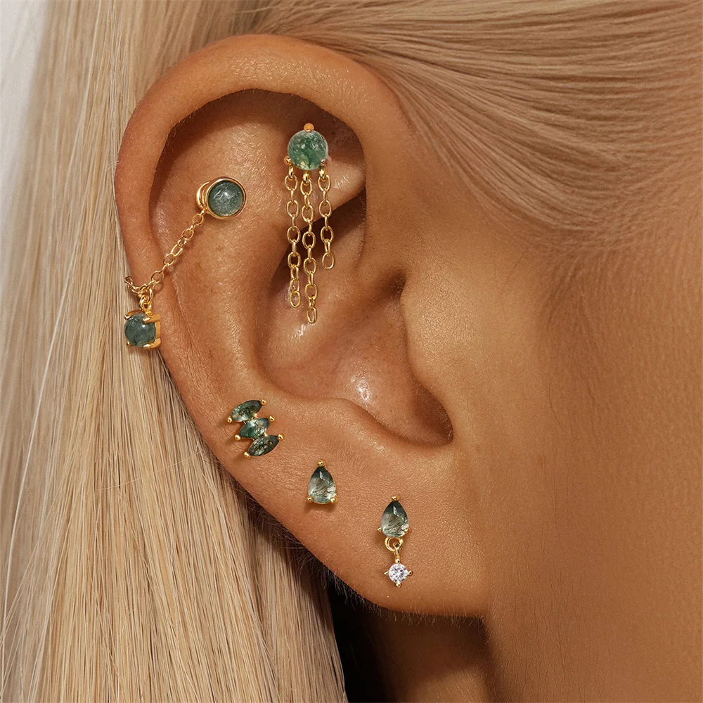 

CANNER 1PC S925 Silver Green Moss Natural Aquatic Plants Agate Diamond-shaped Octagonal Star Chain Piercing Bone Nails