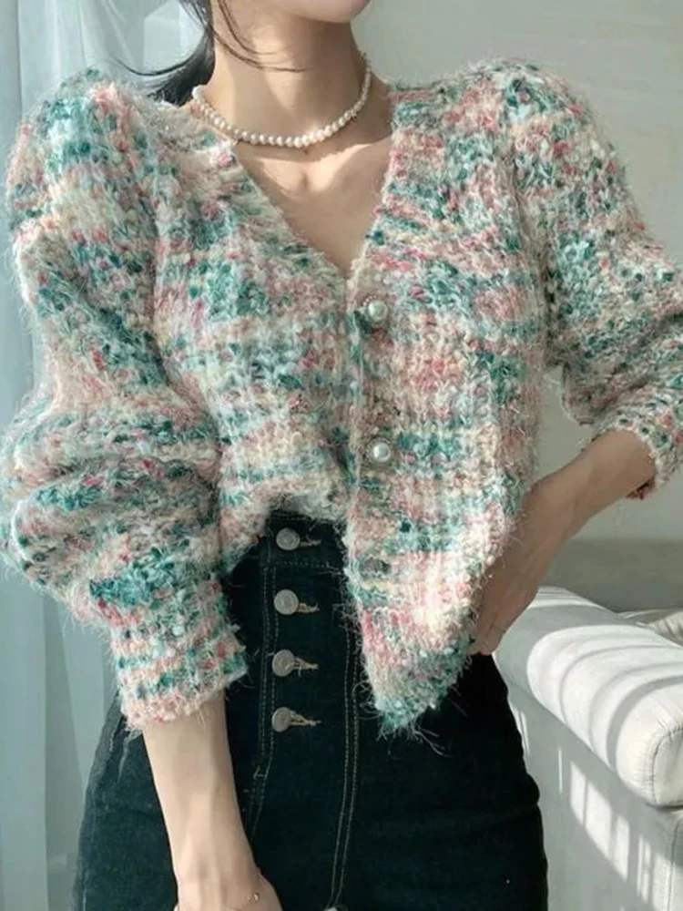 

Chic Colors Sweet Cardigan Women Sexy Slim Cropped Korean Fashion Knitted Sweater Casual Fall Elegant Button V Neck Fall Tops