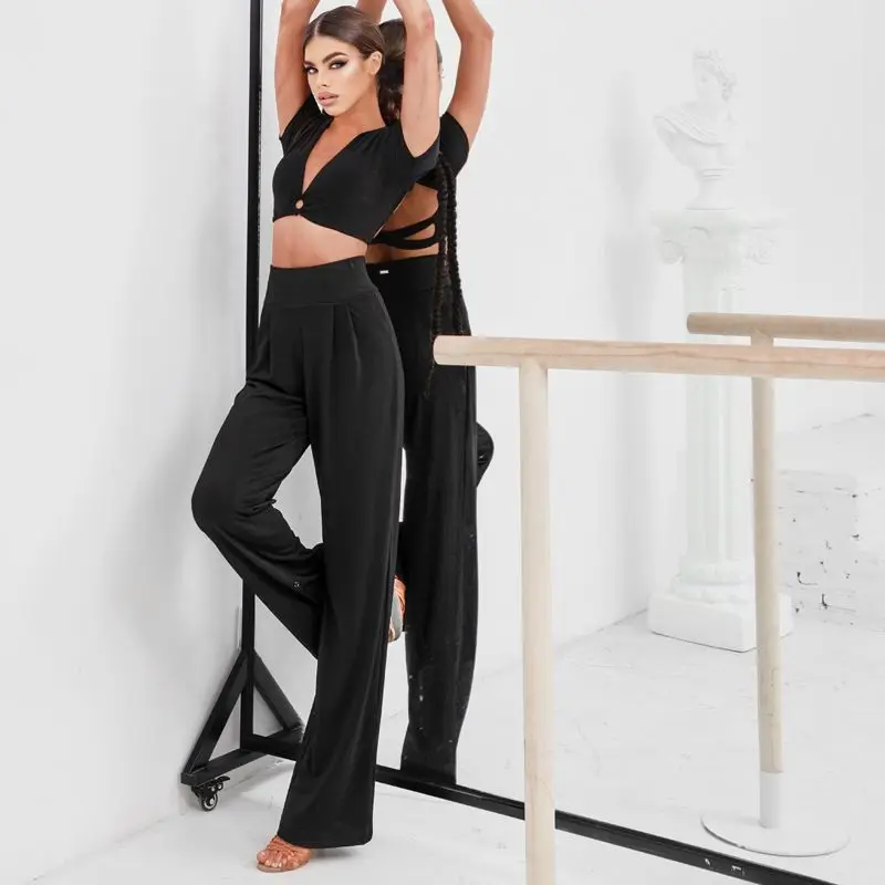 

Брюки для латинских бальных танцев с высокой талией, тренировочные брюки для женщин и взрослых, двойная одежда, широкие брюки для сучасных танцев, усовершенствованные брюки