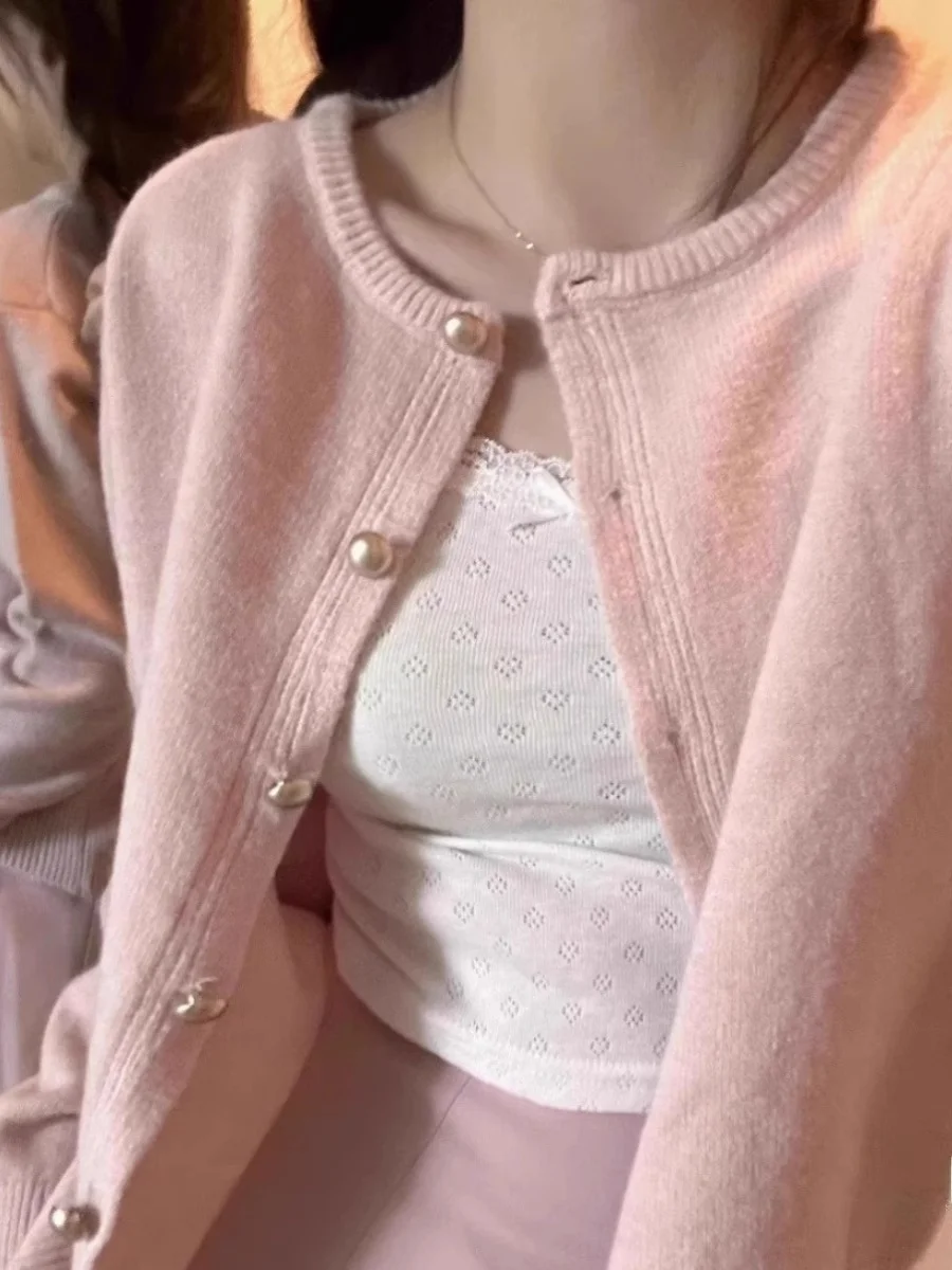 

Розовый вязаный открытый кардиган с вышитым узором, женский весенне-осенний свободный длинный свек, повседневная мягкая нежная верхняя одежда, топ
