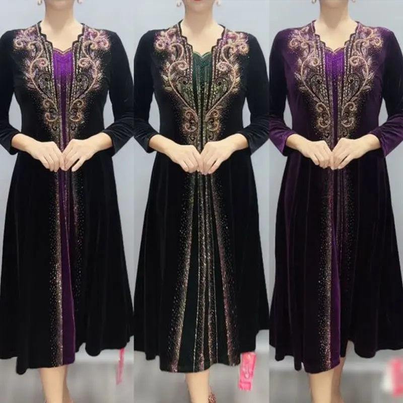 

Stylish V-Neck Diamonds Midi Dress Women's Clothing Vintage Embroidery 2023 Spring Autumn Fake Two Pieces Elegant A-Line Dresses