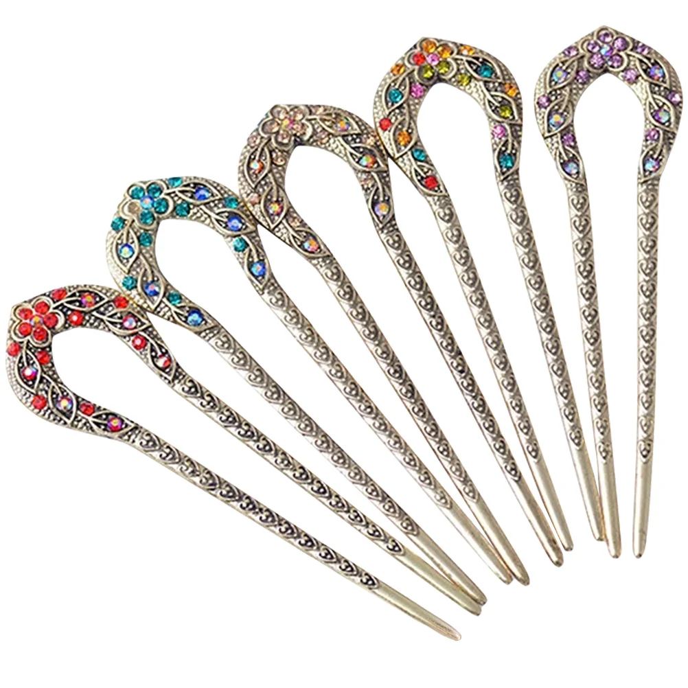 5 Pcs Vintage Rhinestone Hairpin French Large Stick Pins for Styling Sticks Buns Chinese Accessories Long