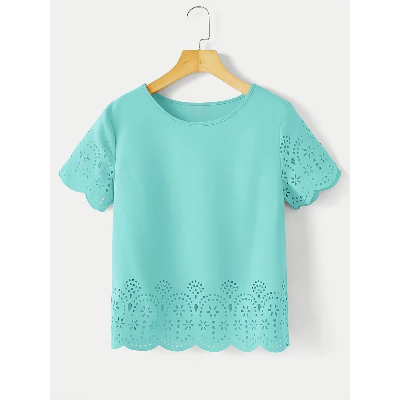 

Women's Laser-Cut Asymmetrical Hem Blouse Shirt - Lightweight Short Sleeve Round Neck Solid Color Beach Top