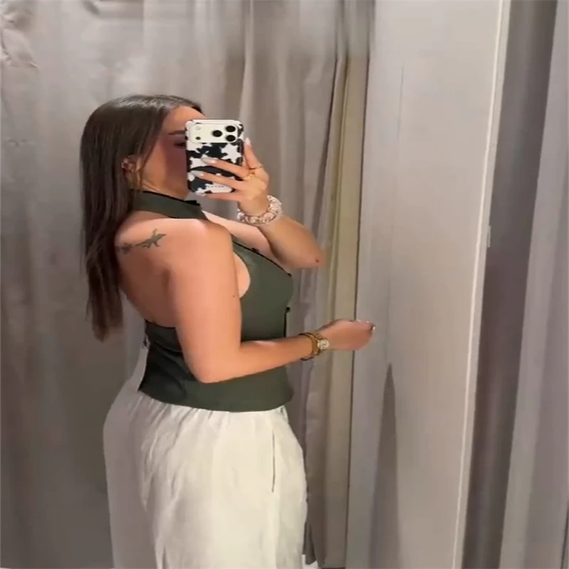 2026 New Women's Fashion Backless Halter Neck Top Double-Breasted Design Summer Fashion Party Outfit