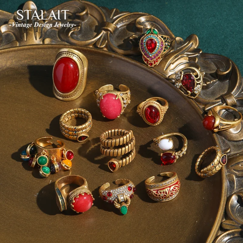 

Vintage Open Engagement Rings for Women Red Oval Round Natural Stone Nickel Free Luxury Personality Trendy Finger Jewelry 2024