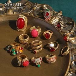 Vintage Open Engagement Rings for Women Red Oval Round Natural Stone Nickel Free Luxury Personality Trendy Finger Jewelry 2024
