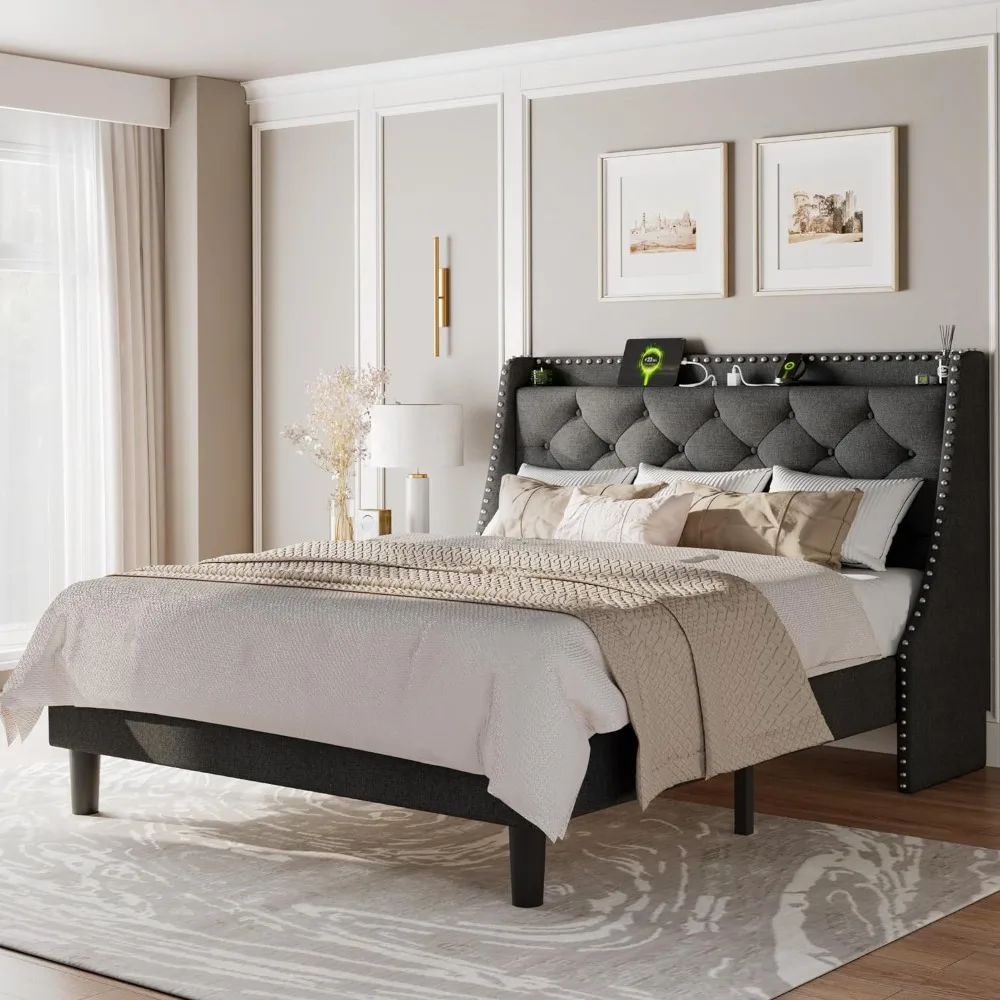 Plataforma completa Bed Frame com Wingback, estofados Botão, adornado Armazenamento Cabeceira, estação de carregamento, Bed Frames