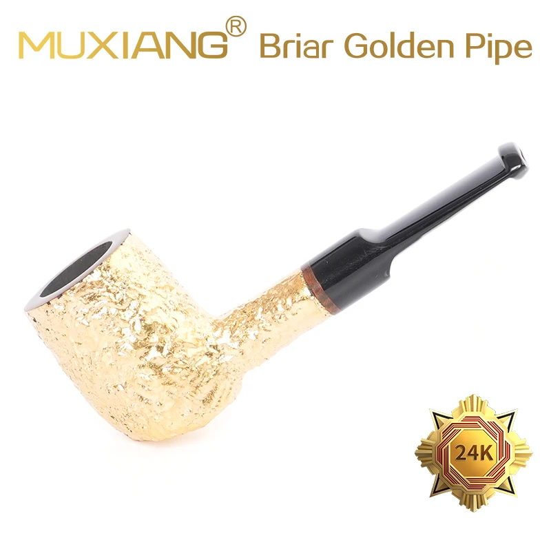 MUXIANG Briarwood Tobacco Pipe Hand-carved Pipe Sandblasted Gold-plated Pipe Father's Day Gift Golden-Legend Pipe