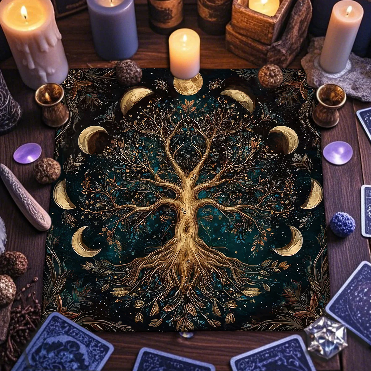 Moon Phase & Tree of Life Divination Polyester Flowers & Plants Tarot Card Tablecloth Witchcraft Pagan Altar Cloth Altar Decor